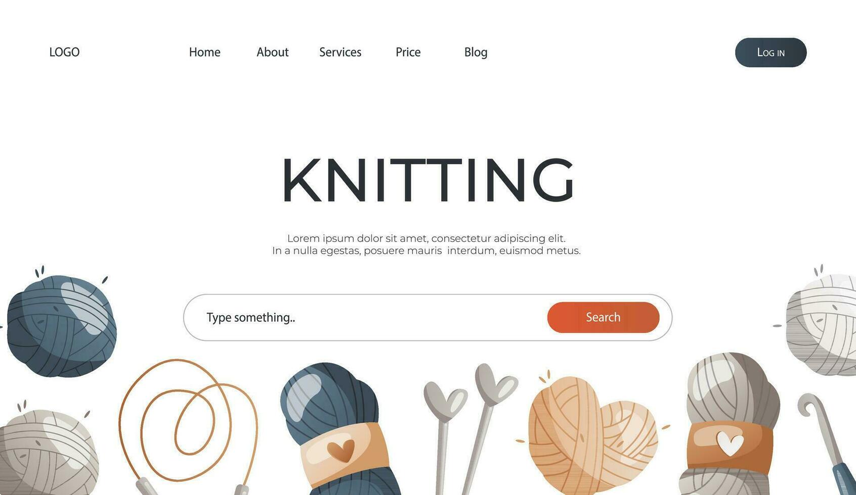 Landing page with balls of wool, needles, crochet hook. Skein of yarn.Tools, equipment for knitwork, handicraft. Handmade needlework, hobby. Knitting studio poster, banner, cover, card. vector