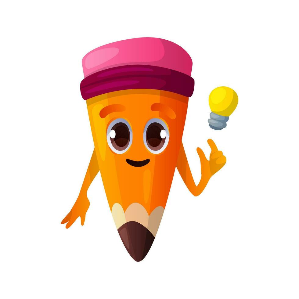 Cute pencil thinker character in pose. Personage with eyes, hands, idea expression. School supplies, education stationery mascot emoticon. Funny educational stuff face emoji. Back to school vector