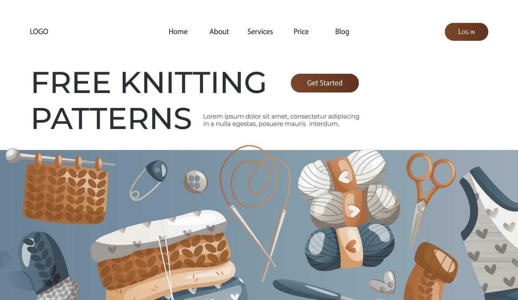 Landing page with balls of wool, needles, knitted clothes. Skein of yarn.Tools, equipment for knitwork, handicraft. Handmade needlework, hobby. Knitting studio poster, banner, cover, card. vector