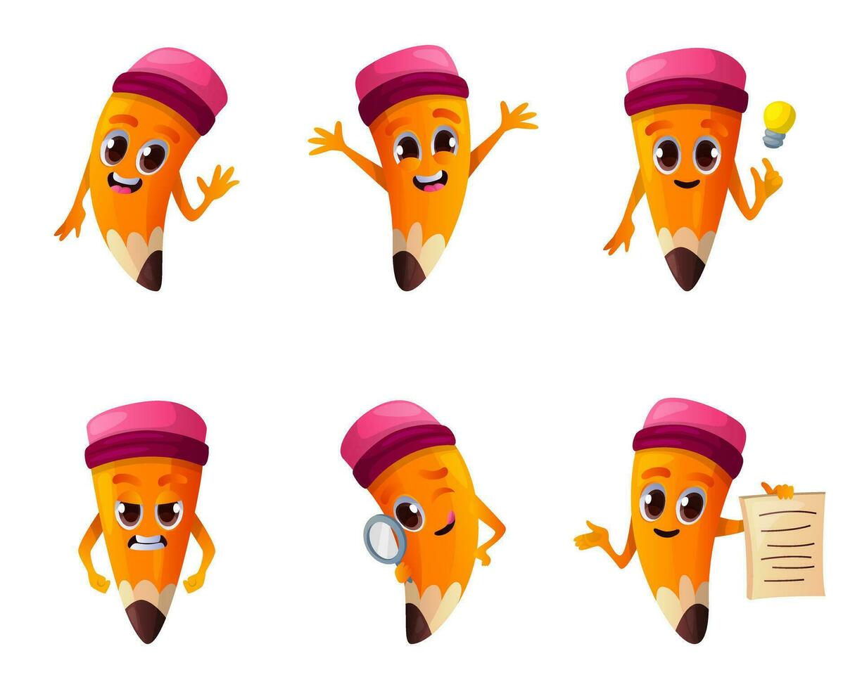 Set of cute pencil character in different poses. Personages with eyes, hands, expression. School supplies, education stationery mascot emoticon. Funny educational stuff face emoji. Back to school vector