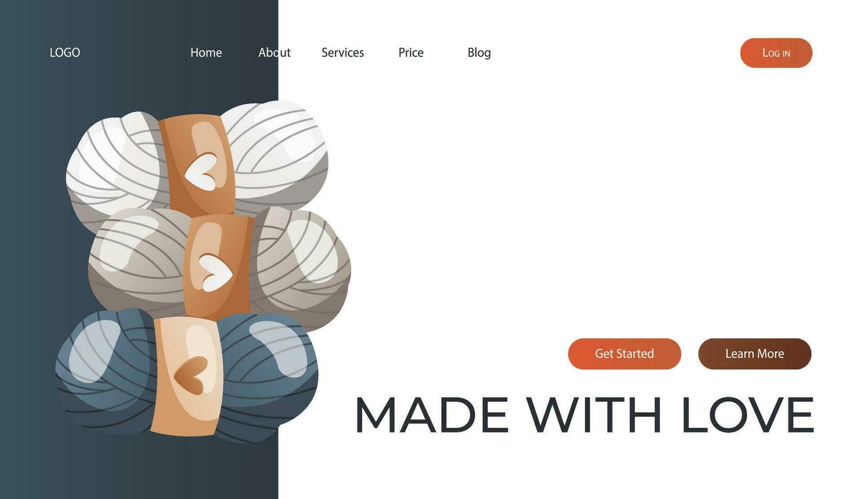 Landing page with stack of balls of wool for knitting. Skein of yarn.Tools, equipment for knitwork, handicraft. Handmade needlework, hobby. Knitting studio poster, banner, cover, card. vector