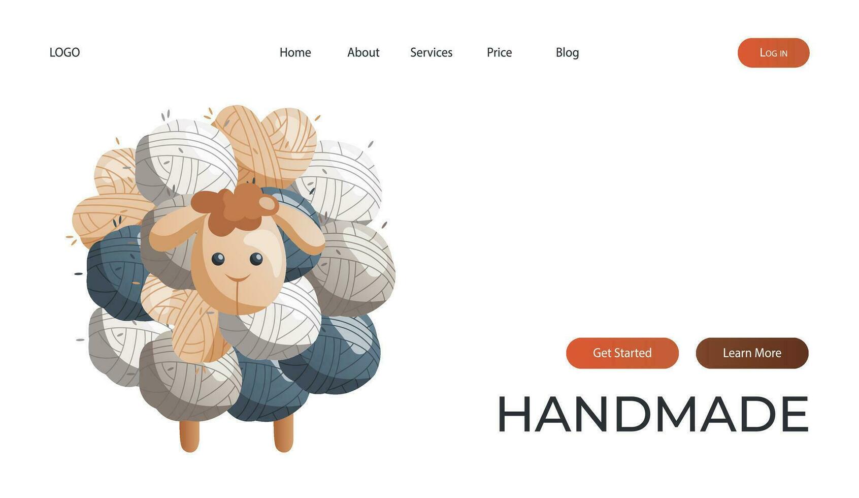 Landing page with toy sheep made of balls of wool. Skein of yarn. Tools, equipment for knitwork, handicraft. Handmade needlework, hobby. Knitting studio poster, banner, cover, card. vector