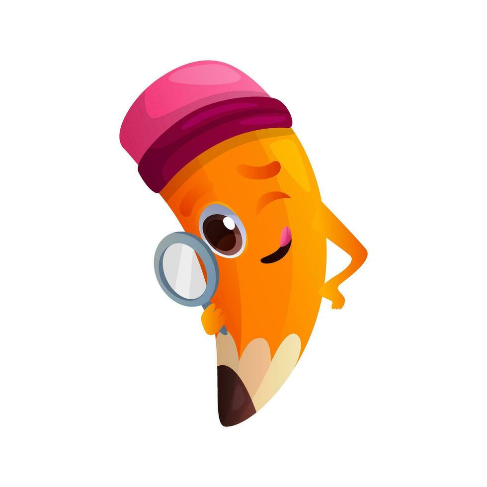 Cute pencil search character in pose. Personage with eyes, hands, research expression. School supplies, education stationery mascot emoticon. Funny educational stuff face emoji. Back to school vector