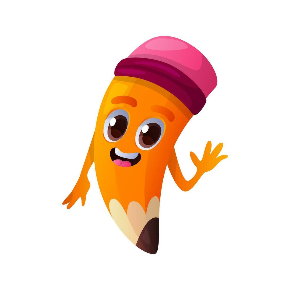 Cute pencil happy character in waving pose. Personage with eyes, hands, hello expression.School supplies, education stationery mascot emoticon.Funny educational stuff face emoji.Back to school vector