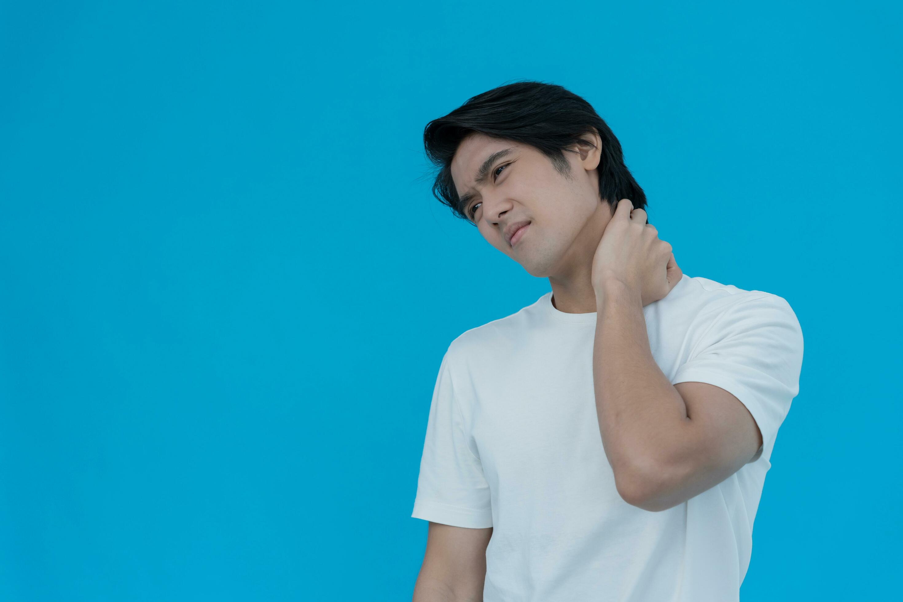 office syndromes, man massaging neck pain due to work and using a