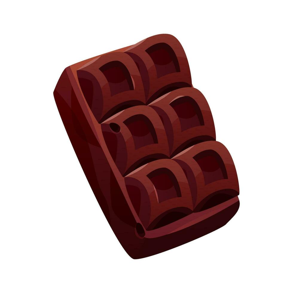 Dark, brown chocolate bar piece with bites. Yummy milk chocolate block with tile pattern, bitten off. Cocoa snack, choco candy. Milk sweet dessert, cooking ingredient for confectionery shop. vector