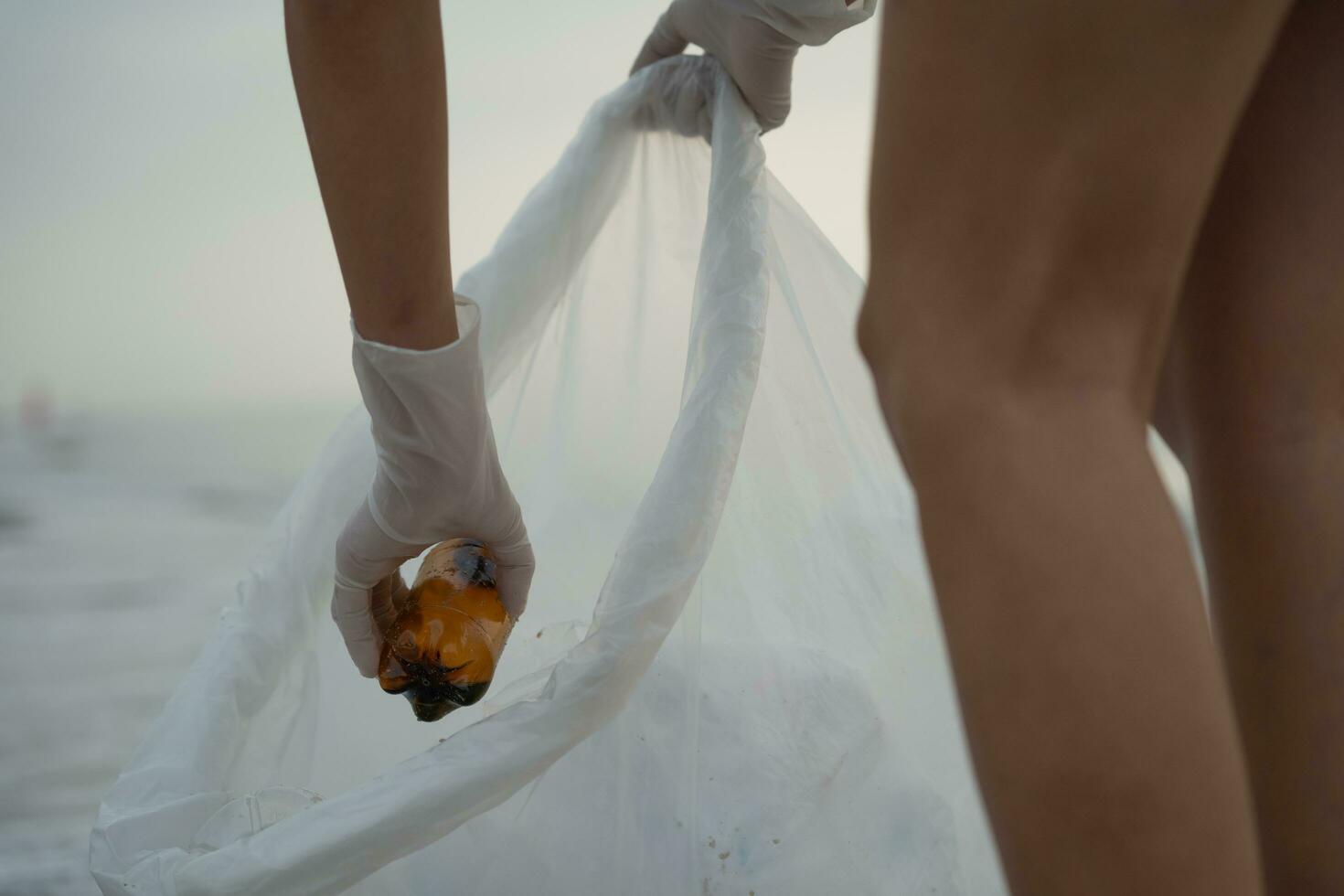 Save water. Volunteer pick up trash garbage at the beach and plastic bottles are difficult decompose prevent harm aquatic life. Earth, Environment, Greening planet, reduce global warming, Save world photo