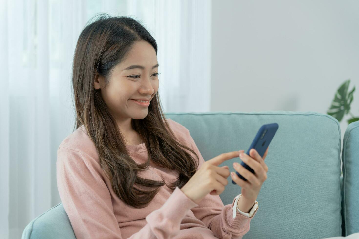 Happy woman, Portrait of smiling Asia girl using mobile phone, freelance, out site, research, copy space, happy cheerful cute business, positive energy, female executive, attractive, expression, photo