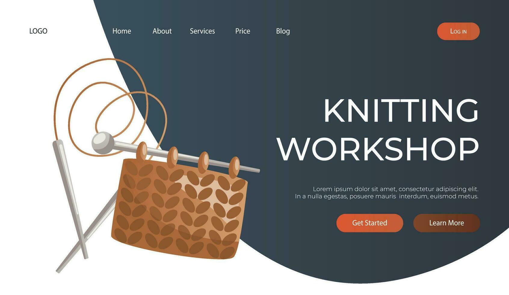 Landing page with lace circular needles, knitting item in progress. Skein of yarn. Tools, equipment for knitwork, handicraft. Handmade needlework, hobby. Knitting studio poster, banner, cover, card. vector