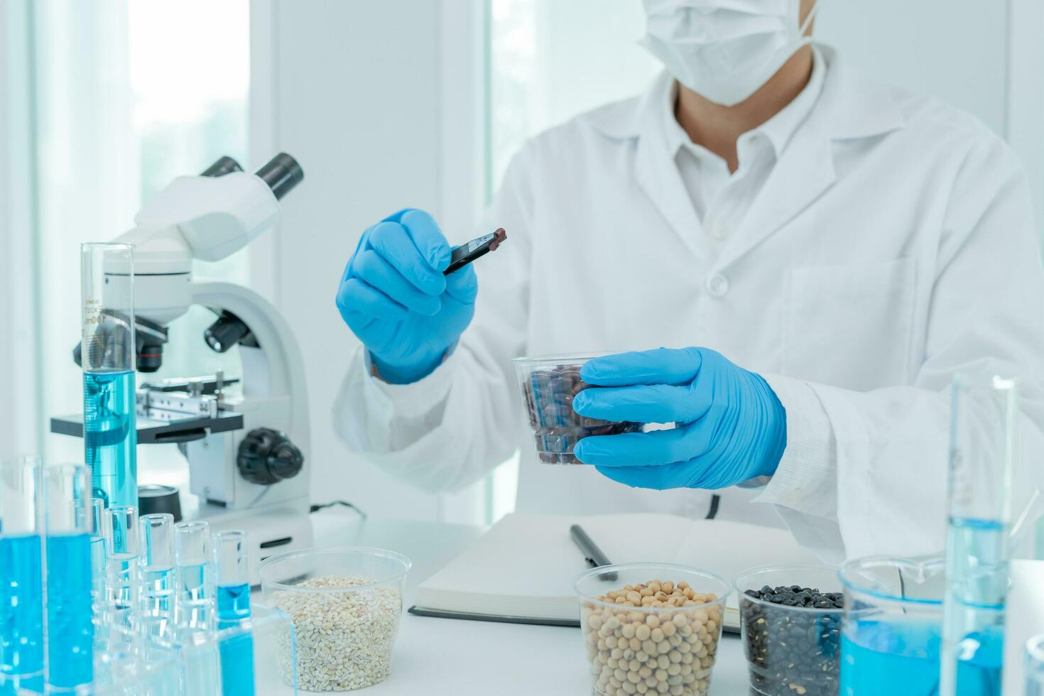 Scientist check chemical whole grains residues in laboratory. Control experts inspect the concentration of chemical residues. hazards, standard, prohibited substances, contaminate, Microbiologist photo