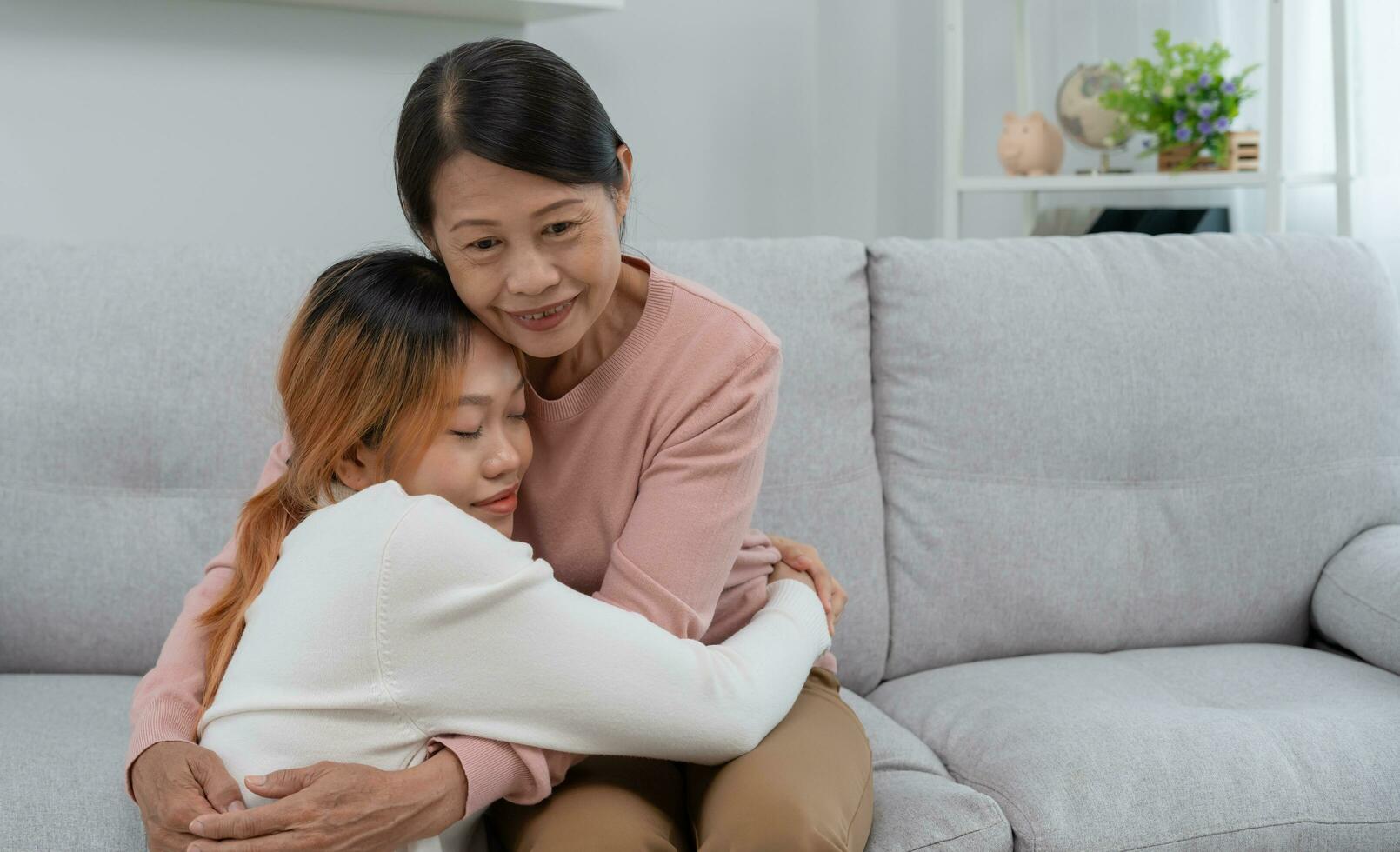 Mother day, cute asian teen girl hugging mature middle age mum. Love, kiss, care, happy smile enjoy family time. celebrate special occasion, happy birthday, merry Christmas. special photo