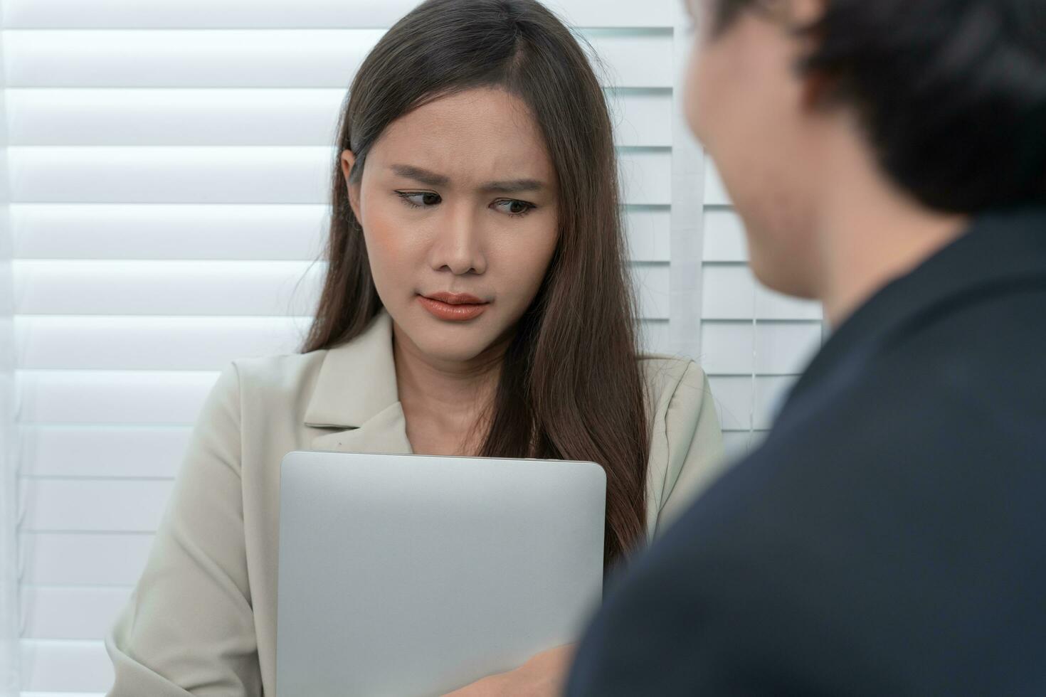 Manager or senior sexually harassed a female colleague. Sexual harassment in office. feel anxious and stressed from being harassed. molest, assault, inappropriate, discrimination, abuse photo