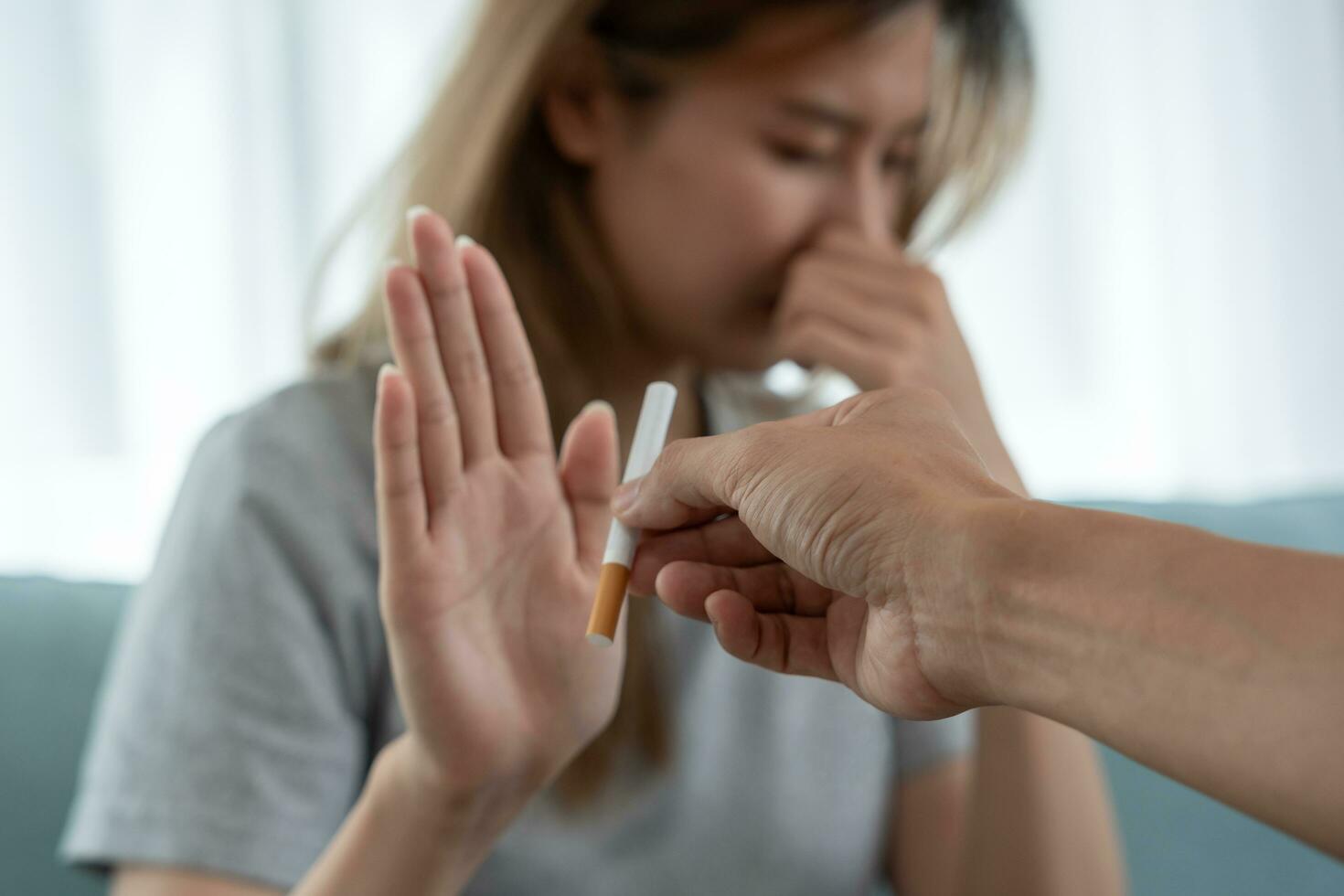No smoking. Woman stop smoke, refuse, reject, break take cigarette, say no. quit smoking for health. world tobacco day. drugs, Lung Cancer, emphysema , Pulmonary disease, narcotic, nicotine effect photo