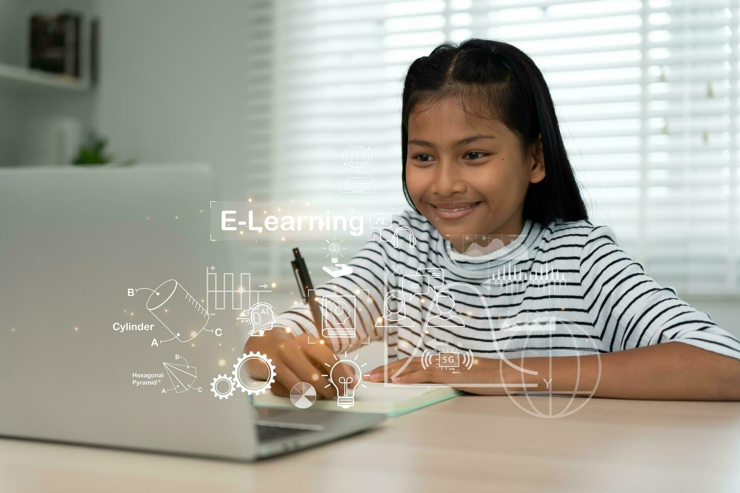 online tutor online course for Asian children. video conference on laptop at home. play back online course, girl student wear earphones to study, notes homework, video classes, new education. photo