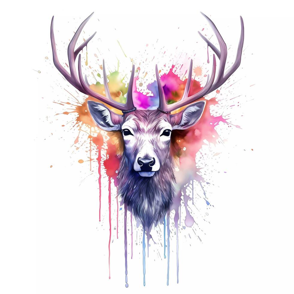 Painted watercolour image of a stags head photo
