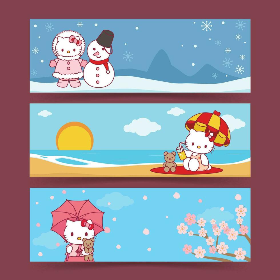 Cute Cartoon Kitten in Horizontal Banner for Seasonal Theme vector