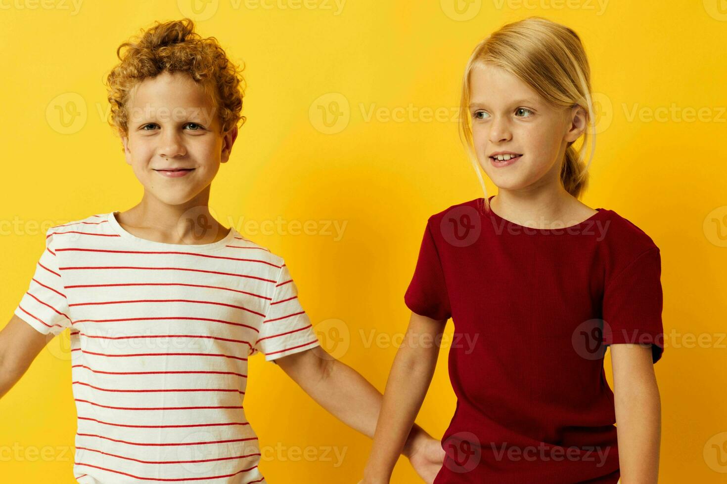 Cute preschool kids casual wear games fun together isolated background photo