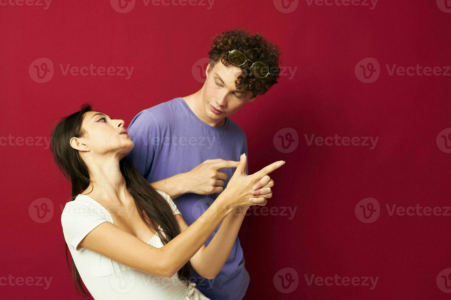 Man and woman summer style posing fashion emotions isolated background photo