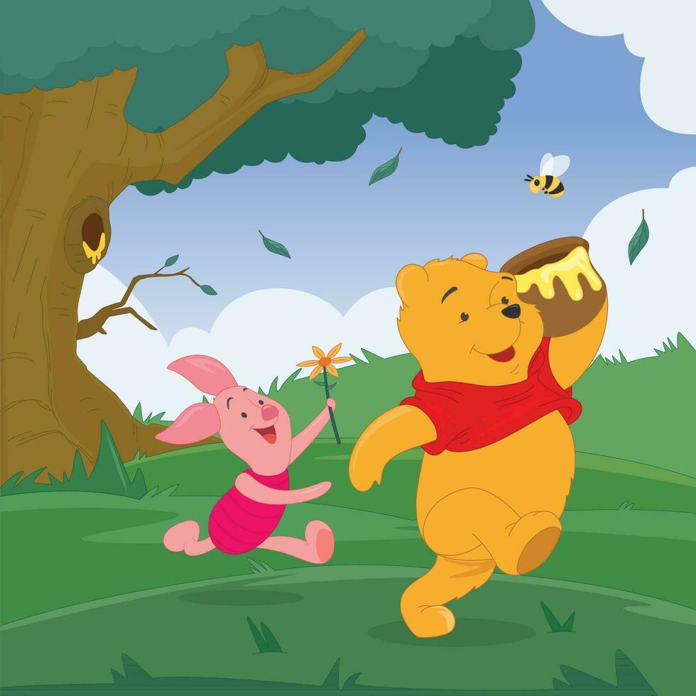 The Adventures of the Bear and His Friends Looking for Honey vector