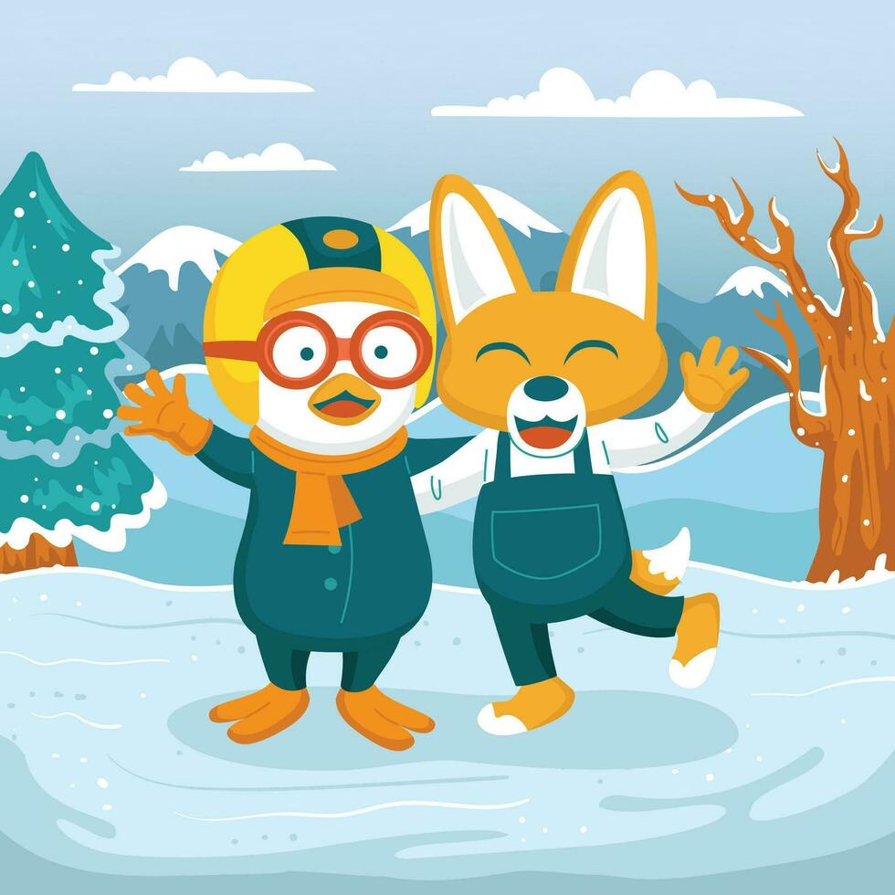 Happy Pororo and Friends in Snowy Season Background vector