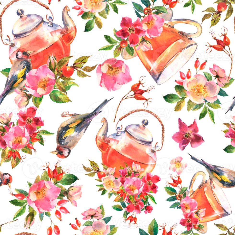 Seamless pattern with teapot and cup of Herbal tea, rose flowers of wild dog rose and goldfinch bird png