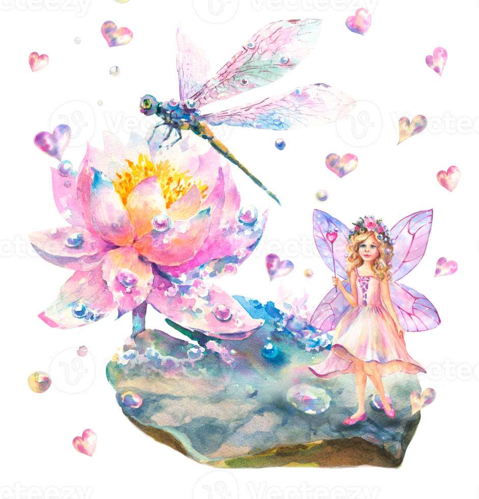 Watercolor illustration of a water lily flower, dragonfly and a fairy standing on a leaf with a magic wand in her hands. Can be used as a Valentine's Day card. png