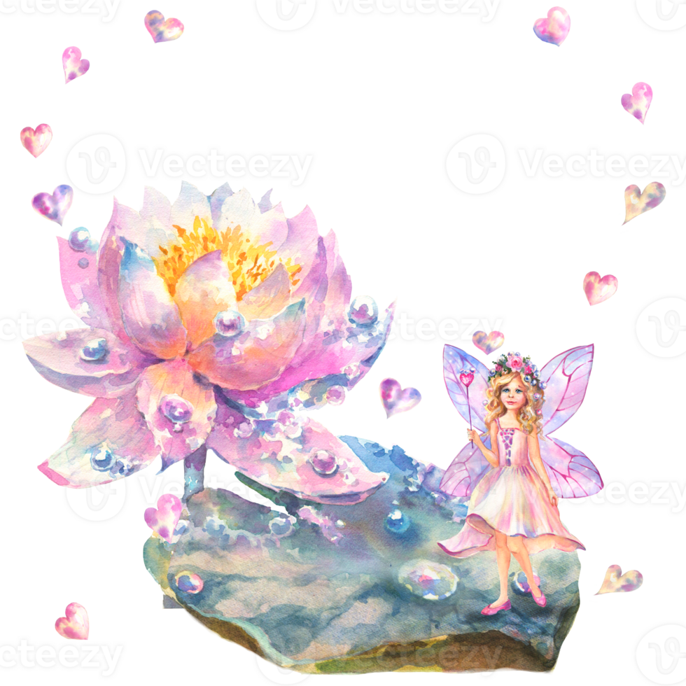 Watercolor illustration of a water lily flower and a fairy standing on a leaf with a magic wand in her hands. There is a place for text framed by hearts. png