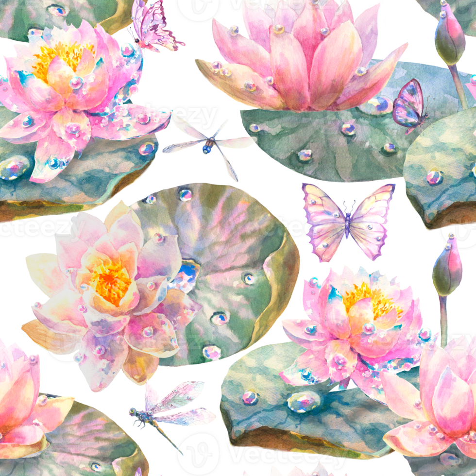 Watercolor Seamless Pattern with Romantic Flying dragonflies, butterflies, flowers and leaves of water lily. png