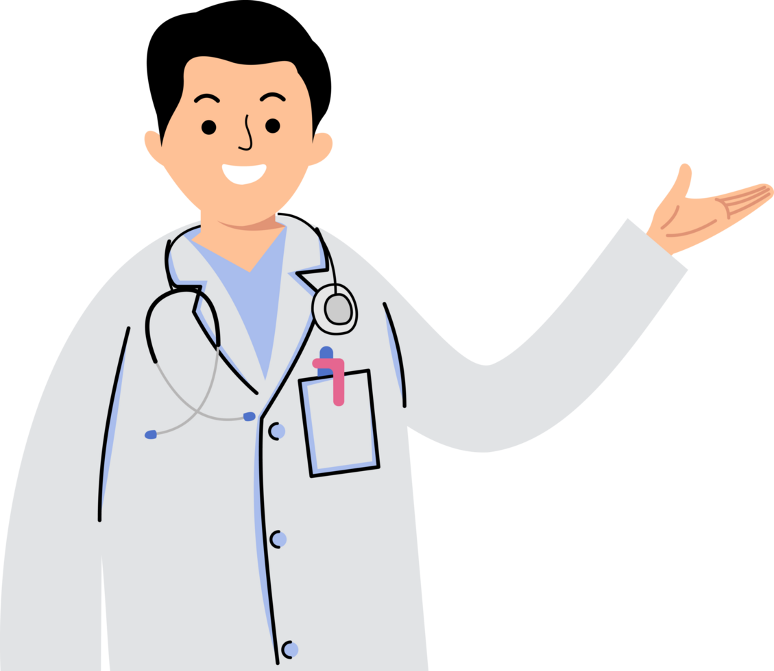 männlich Arzt Uniform Karikatur Charakter zeigen beim leeren Raum zum medizinisch Gesundheitswesen Präsentation png