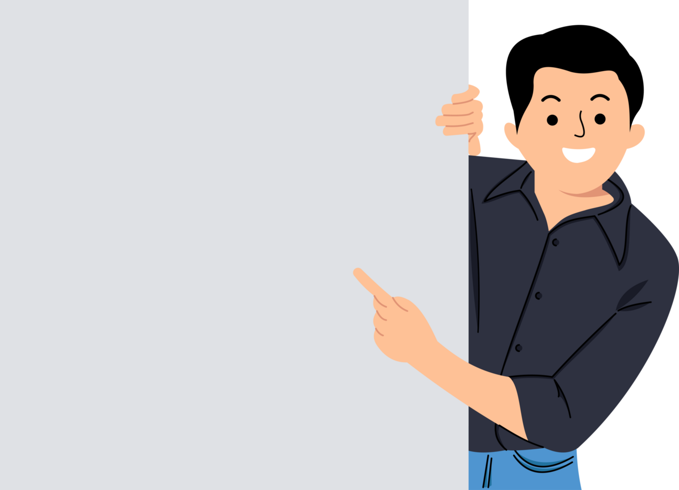 young man peeps out from behind of clear empty white board and points finger on it or man holding blank paper placard png