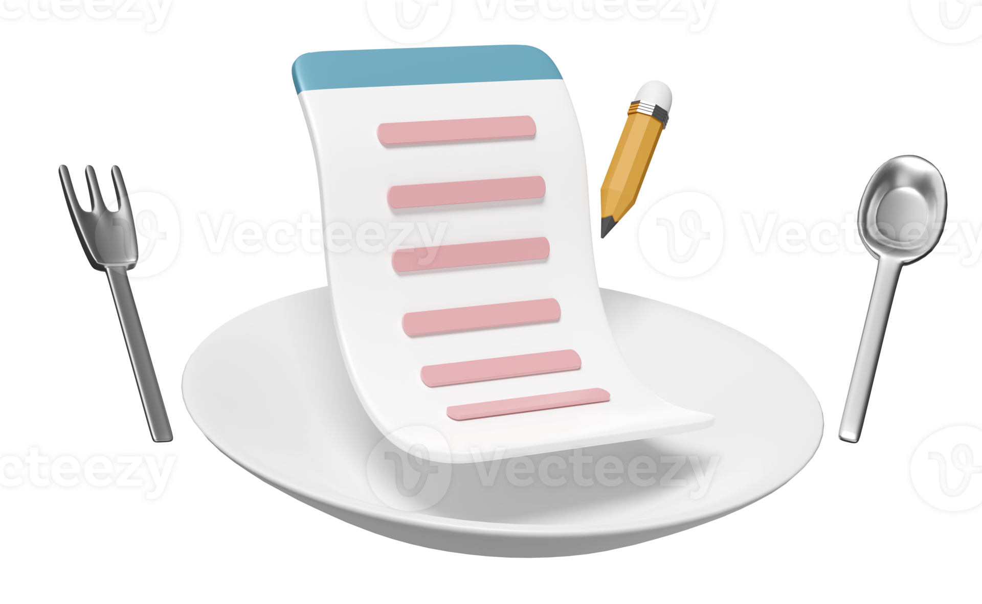 porcelain plate with food items, menu, spoon, fork, question mark