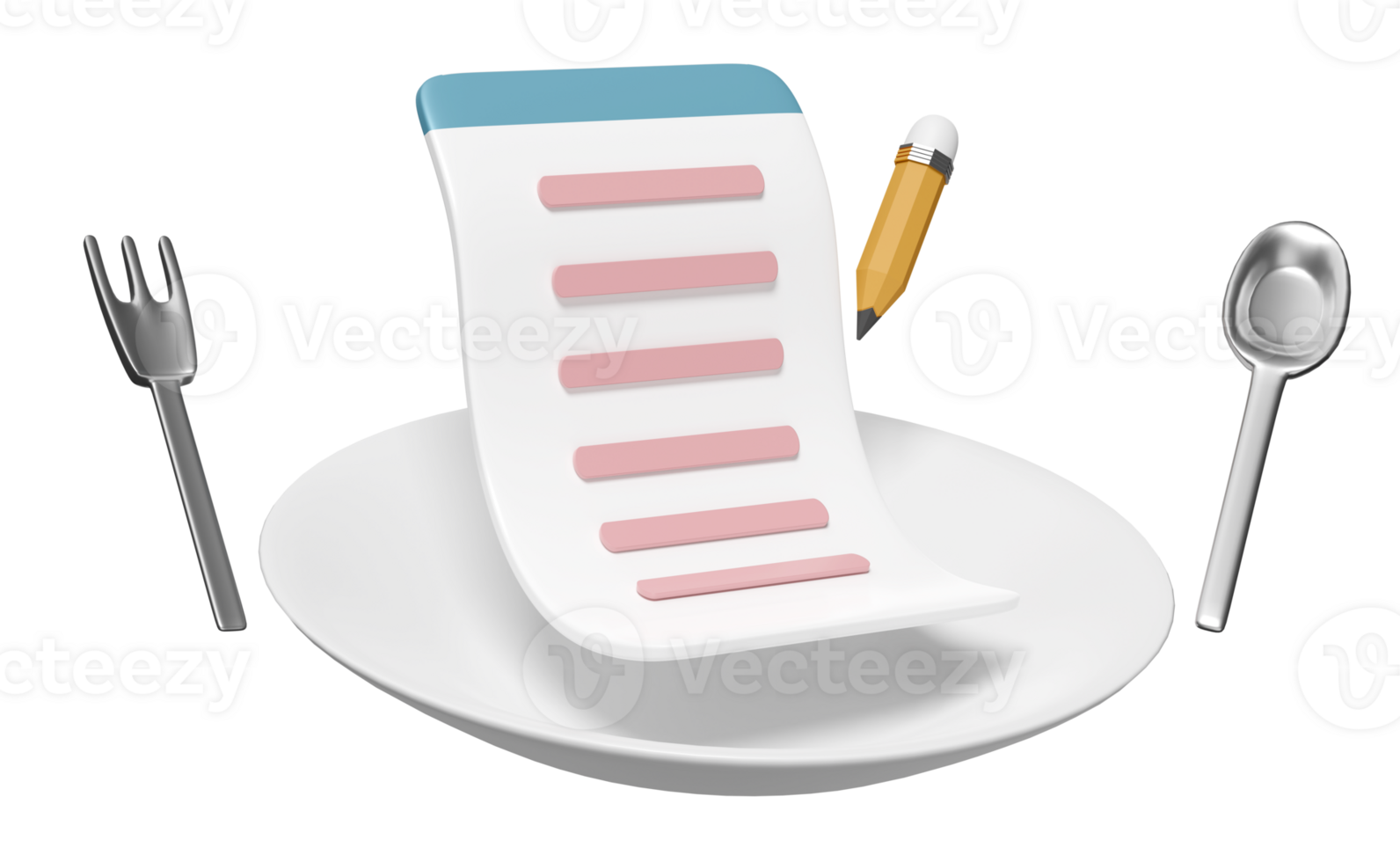 Porzellan Teller mit Essen Artikel, Speisekarte, Löffel, Gabel, Frage markieren, Bleistift isoliert. Essen Was Konzept, 3d machen Illustration png