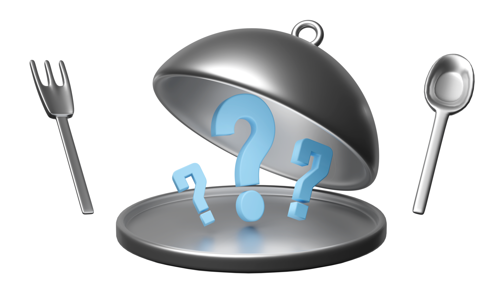 silver plate with food cover, spoon, fork, question mark isolated. eat