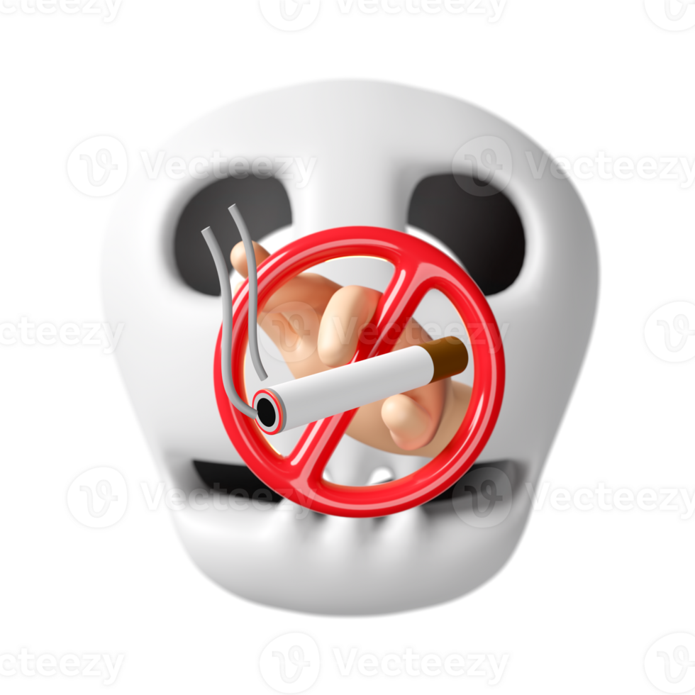 3d hand- Holding sigaret met verbod teken, roken, schedel geïsoleerd. wereld Nee roken dag, stoppen roken, gezond levensstijl concept, 3d geven illustratie png