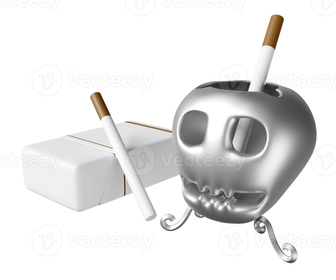 3d skull ashtray with cigarette pack isolated. 3d render illustration png