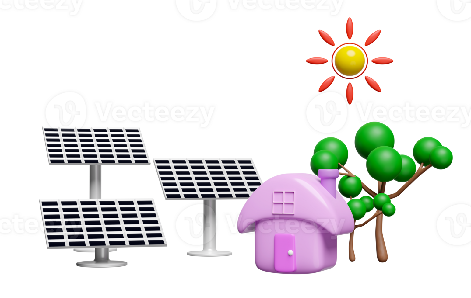 Solar Panel with house, tree isolated. free electricity, renewable energy concept, 3d render illustration png