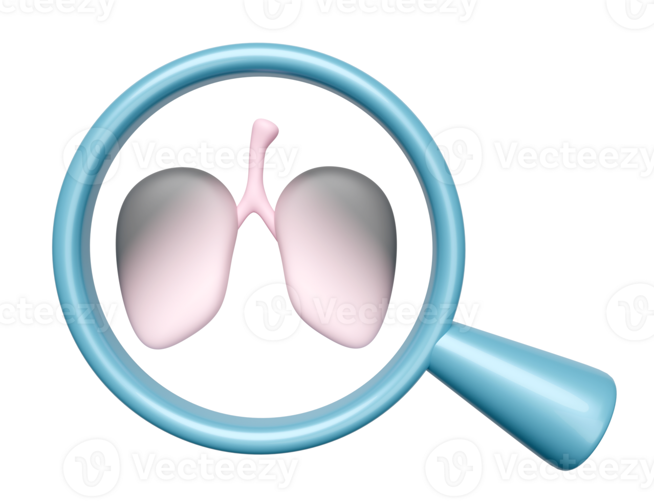 3d black lungs with magnifying glass isolated  Examine the health of the lungs and find out the cause of the disease, 3d render illustration png