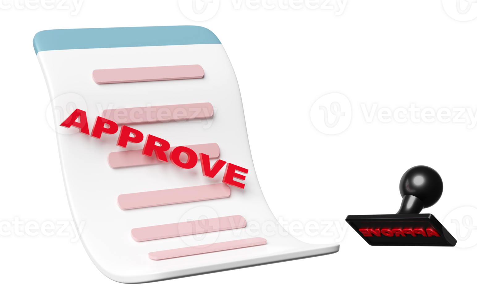 square rubber approved stamp with clipboard, checklist isolated. approved documents concept, 3d render illustration png