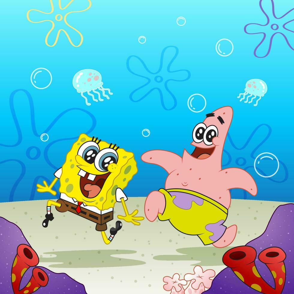 Happy Sponge and Starfish Playing at Jellyfish Field vector