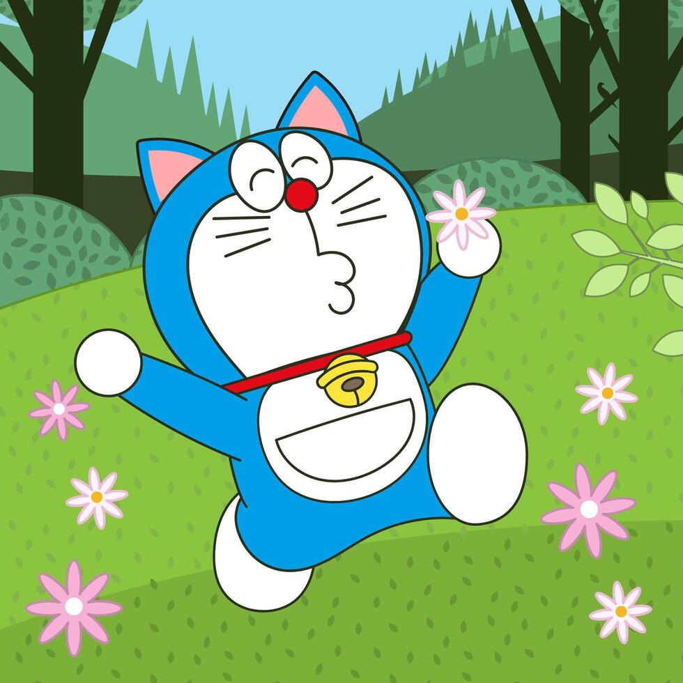 Charming Robot Cat Character In Flower Hill Concept vector