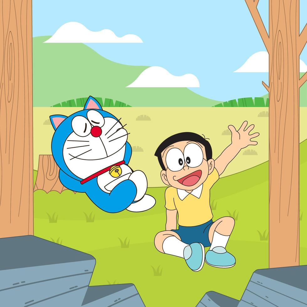 Robot Cat And Glasses Boy Relax In Nature vector