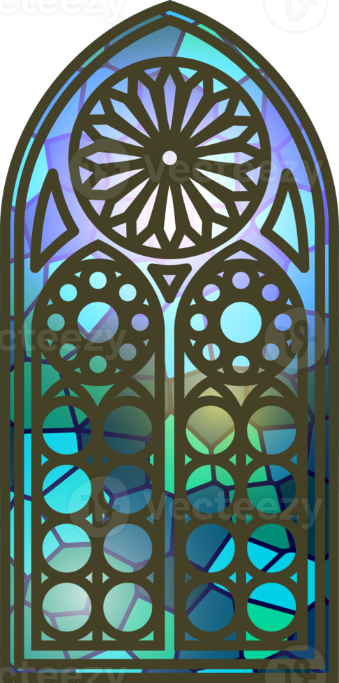 Gothic stained glass window. Church medieval arch. Catholic cathedral mosaic frame. Old architecture design. png