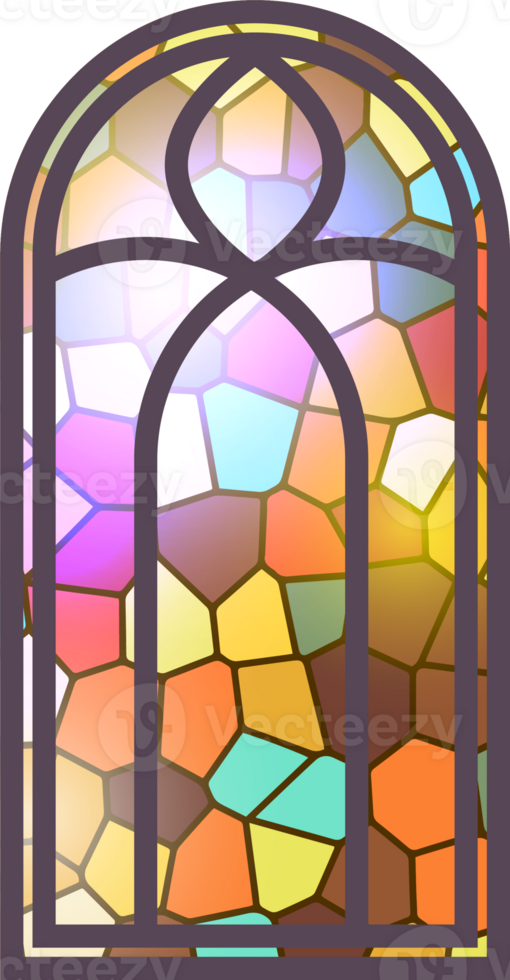 Gothic stained glass window. Church medieval arch. Catholic cathedral mosaic frame. Old architecture design. png