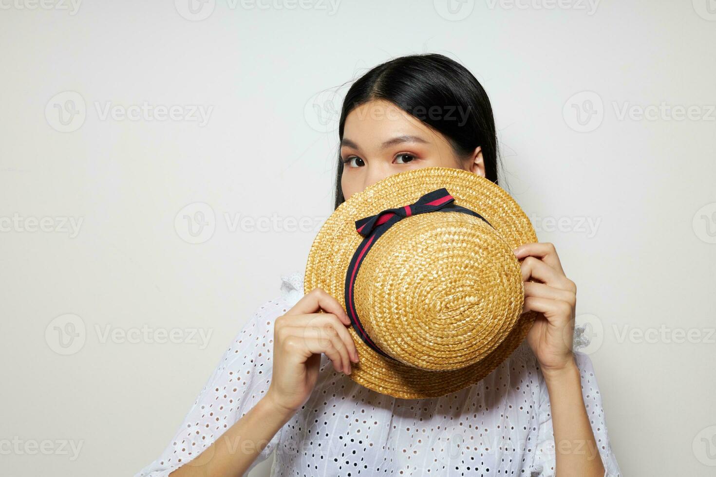 pretty brunette stylish clothes hat fashion light background unaltered photo