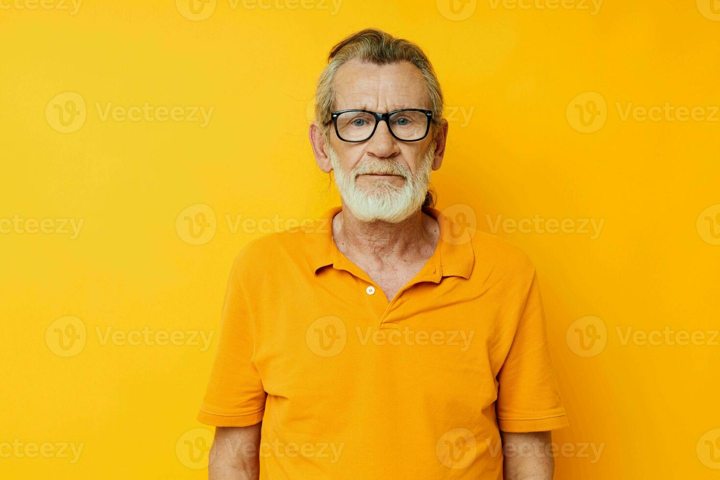 Portrait of happy senior man with a gray beard in glasses cropped view photo