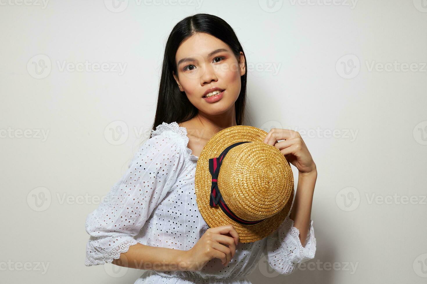 pretty brunette stylish clothes hat fashion light background unaltered photo