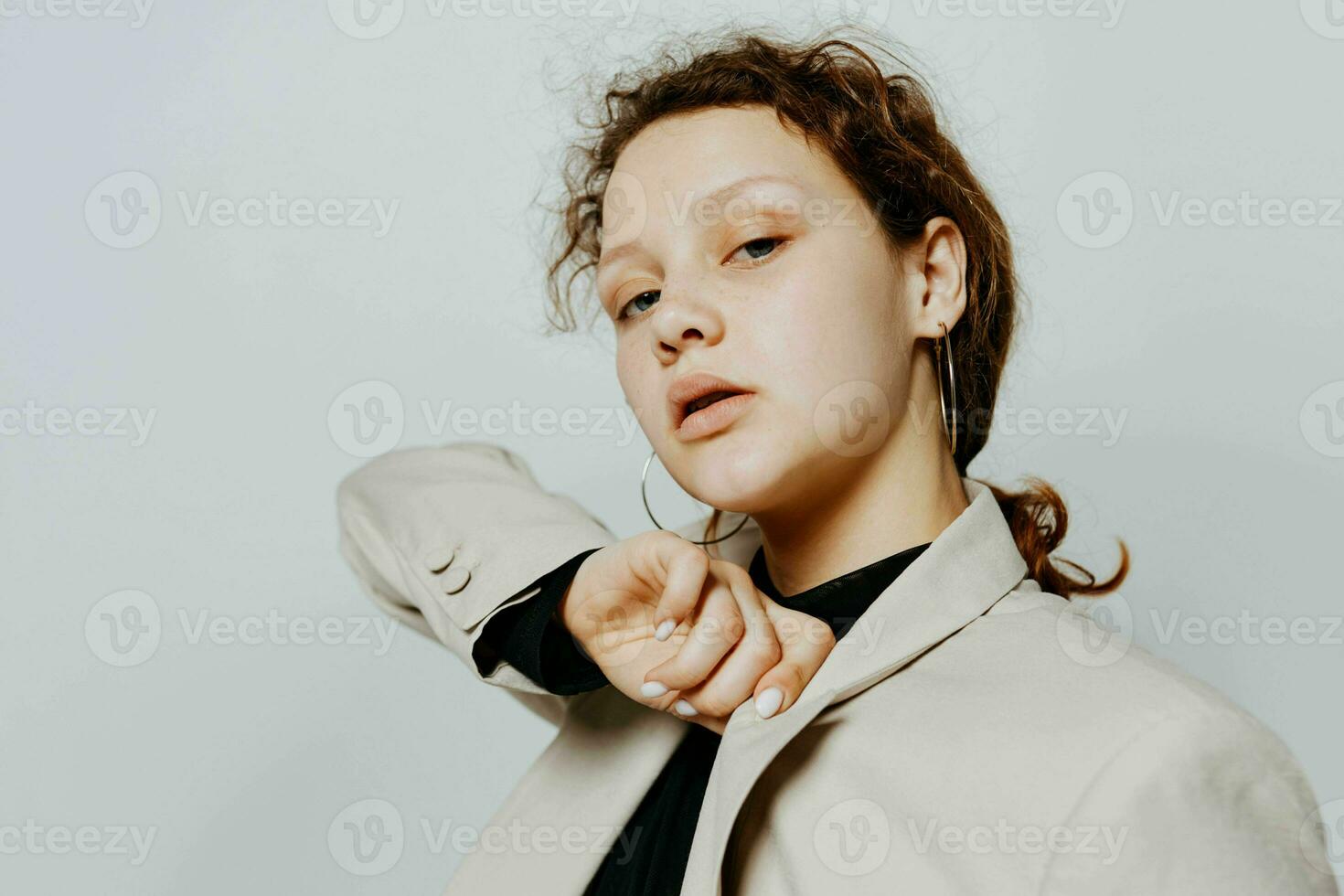 pretty woman elegant style suit fashion studio isolated backgrounds unaltered photo