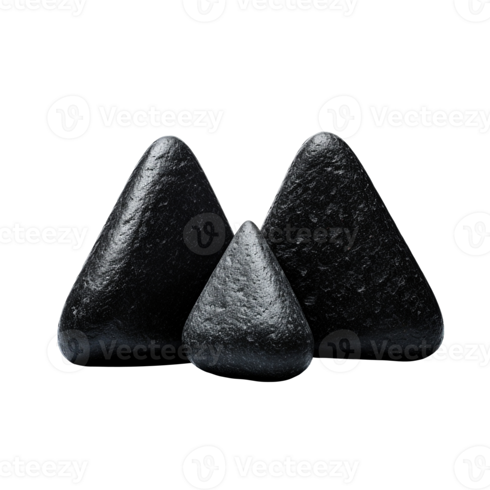 drie zwart driehoek vormig stenen geïsoleerd Aan transparant achtergrond, gemaakt met generatief ai png