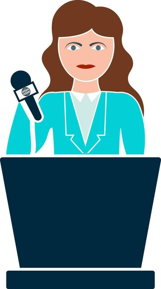 Character of girl holding microphone and stand on podium. vector