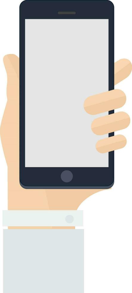 Hand holding smatphone. Vector sign or symbol.
